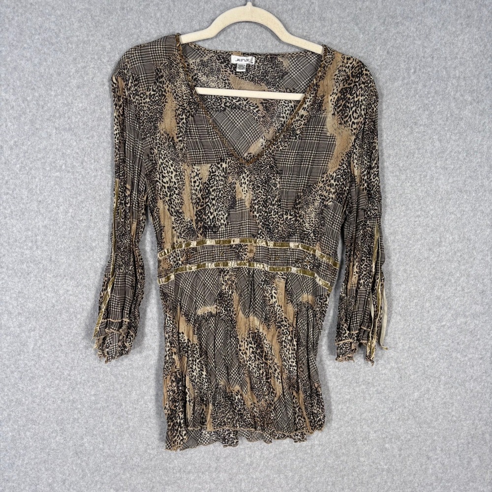 Vintage 90s Crinkle Babydoll Top Medium Animal Velvet Trim‎ Beaded Fairy Grunge